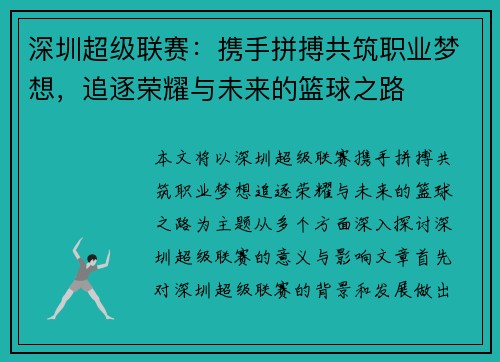 深圳超级联赛：携手拼搏共筑职业梦想，追逐荣耀与未来的篮球之路